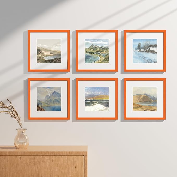 Vittanly 12x12 Picture Frames Set of 9 for Wall Mounting, Orange | Display Pictures 8x8 with Mat or 12x12 without Mat for Wall Mounting, Square Photo Frames for Home Decor, Engineered Wood