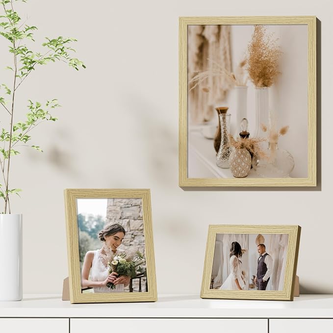 Vittanly 11x14 Picture Frames Set of 9, Shatter Resistant Plexiglass, Display 8x10 Pictures with Mat or 11x14 without Mat, Photo Frames for Wall or Tabletop, Engineered Wood, OAK | Display Pictures 8x10 with Mat or 11x14 without Mat, Engineered Wood wi...