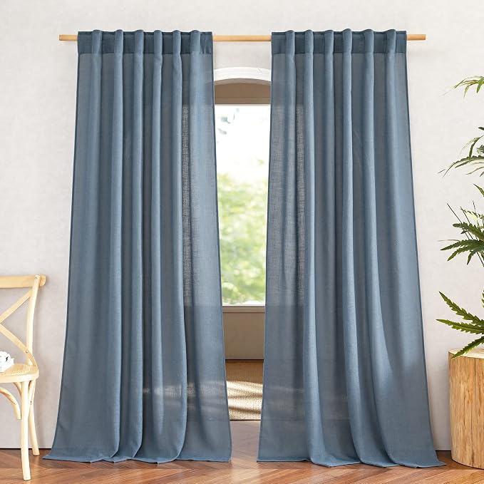 NICETOWN Linen Blend Stone Blue Curtains for Living Room, Rod Pocket & Back Tab Flax Burlap Drapes Semi Sheer Privacy with Light Filtering Window Treatments for Bedroom, W52 x L84, 2 Panels