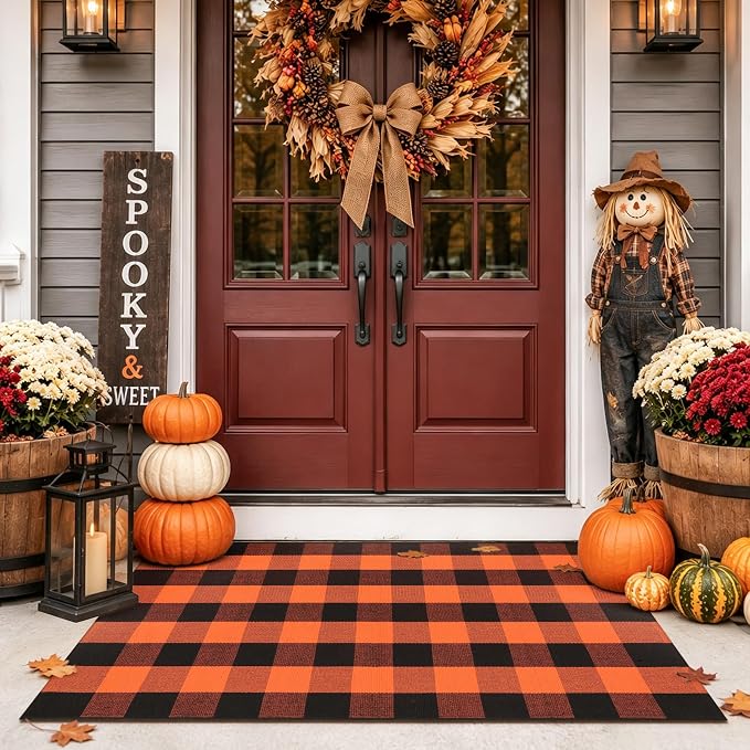 LEEVAN Halloween Buffalo Plaid Door Mat 3x5 Layering Front Porch Rugs | Washable Black and Orange Fall Thanksgiving Checkered Outdoor Doormat, Fall Decor Woven Door Mat for Patio Entryway Kitchen