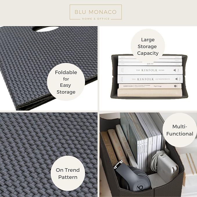 BLU MONACO | Black Woven Leather Magazine Holder with Handles | Stylish Magazine Rack for Floor or Table | Decorative Basket for Living Room, Office, or Reception