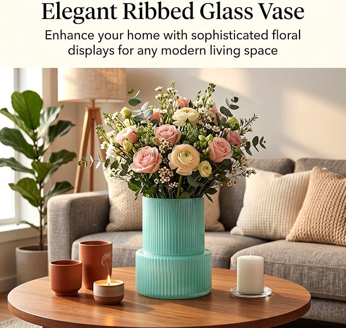 Green Ribbed Glass Vase, Modern Design Flower Vase | Home Decor for Living Room, Dining Table, Entryway, Office, Wedding Centerpieces