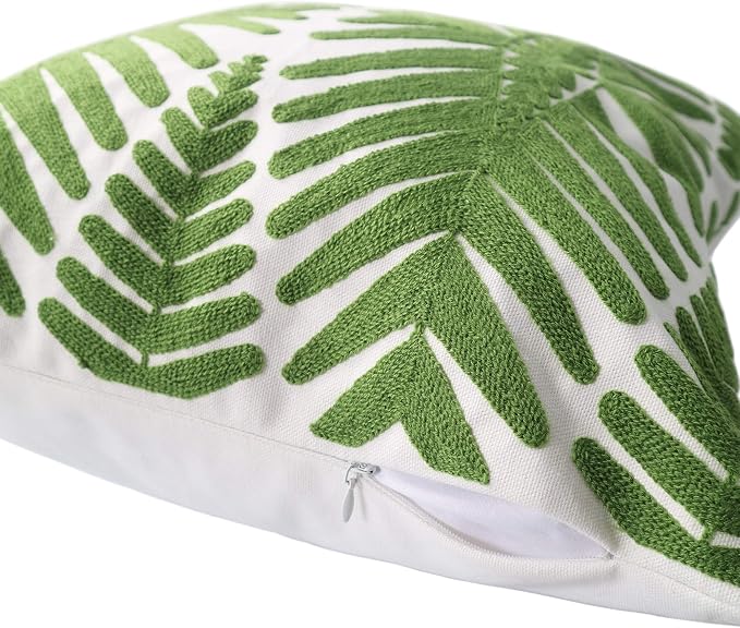 Tropical Leaf Embroidery Throw Pillow Covers 18x18 Inches Decorative Floor Pillow Cover for Couch Green Leaf 100% Cotton Cushion Cover Symmetric Palm Leaves Embroidered 45x45cm, 1 Piece