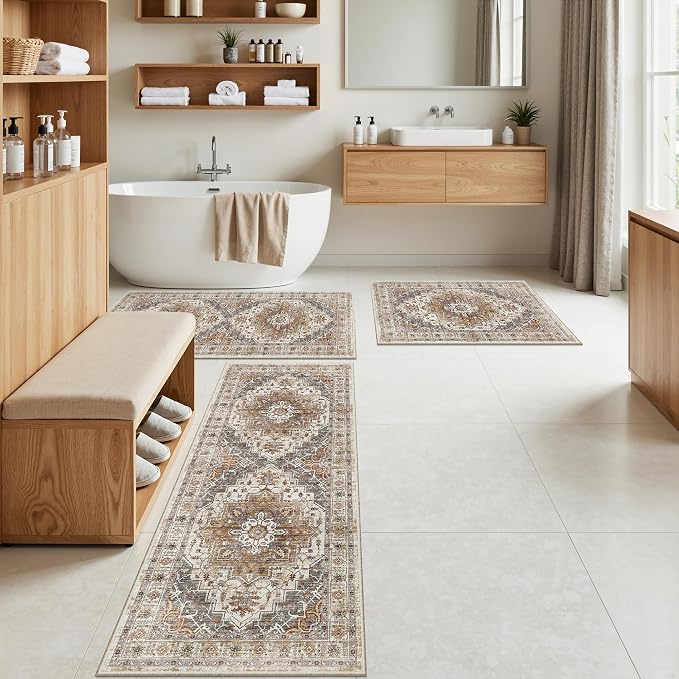 Madane Washable Kitchen Rug Set of 3 Small Area Rugs Non-Slip Turmeric/Grey | Vintage Hallway Entryway Door Mat Indoor Entrance Low Pile Floor Carpet Runner for Inside Front Entry Laundry 2x3+2x4+2x5