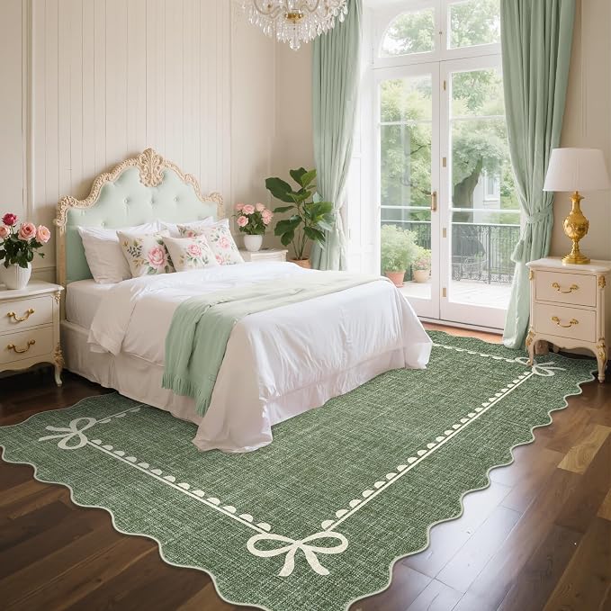 COZYLOOM 4x6 Scalloped Rugs for Dining Room Washable Living Room Area Rug, Non Slip Stain Resistant Modern Bow Carpet Non Shedding Low Pile Soft Bordered Mats for Bedroom, Nursery, Office, Green