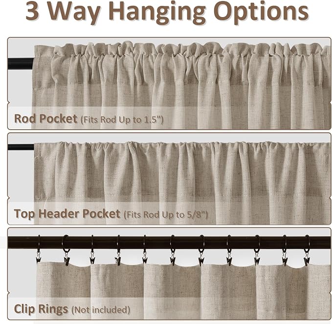 Cobblestone Linen Curtains 108 Inches Long Rod Pocket Semi Sheer Dining Room Cozy Bedroom Decor Cotton Look Country Rustic Farmhouse Boho Curtains 2 Panel Set,52x108