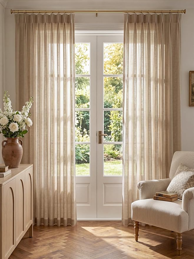 Liz Pinch Pleated Linen Curtains Light Filtering Curtains for Living Room, Farmhouse Window Curtains for Bedroom, Modern Drapes with Hooks and Rings, 100 Inches Long, Burlywood Birch, 2 Panels Set