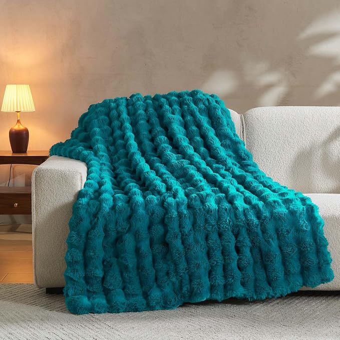 Lotus Karen Faux Fur Teal Throw Blanket - Big Bubble Rabbit Fluff Blanket for Couch Bed Sofa,Softest Fluffy Fuzzy Cozy Blanket,Thick Furry Plush Shaggy Warm Blankets for Women,50x60 Inches