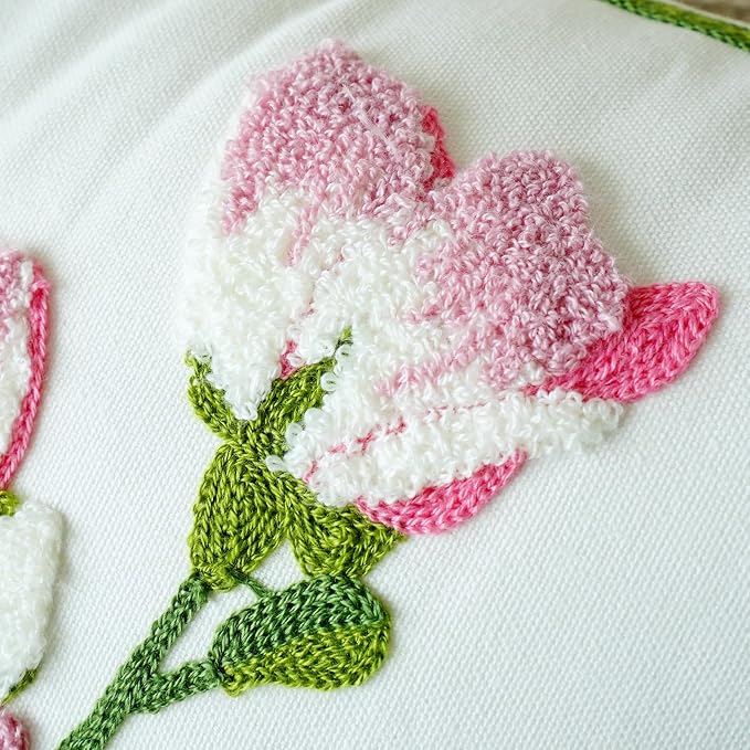 vctops Farmhouse Hibiscus Flowers Cotton Tufted Throw Pillow Cover Spring Floral Embroidery Pillowcase Soft Square Cushion Case for Sofa Couch Bed Chair (Pink F,18"x18")