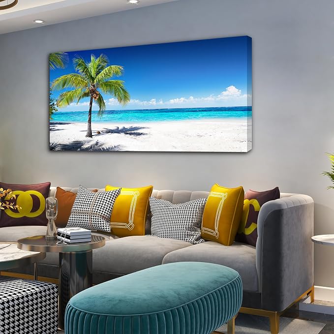 Baisuart-Large Canvas Wall Art Summer Ocean Waves Coconut Trees on Sands Beach Seascape Painting Sea Nature Pictures for Living Room Home Office Wall Decor Artwork