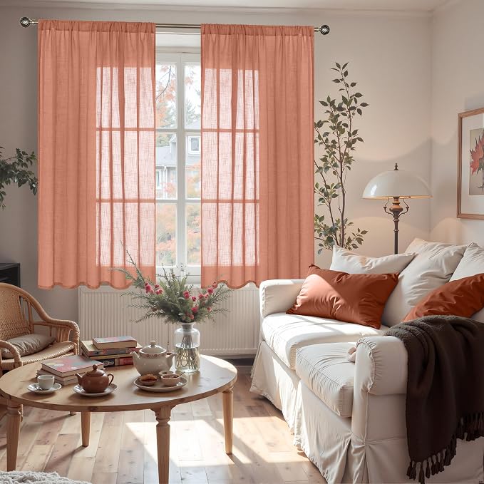 BGment Terracotta Linen Curtains 48 Inch Length, Burnt Orange Light Filtering Drapes Semi Sheer with Rod Pocket Rustic for Living Room Bedroom Lightweight, 2 Panels Set, Each 42 Inch Wide