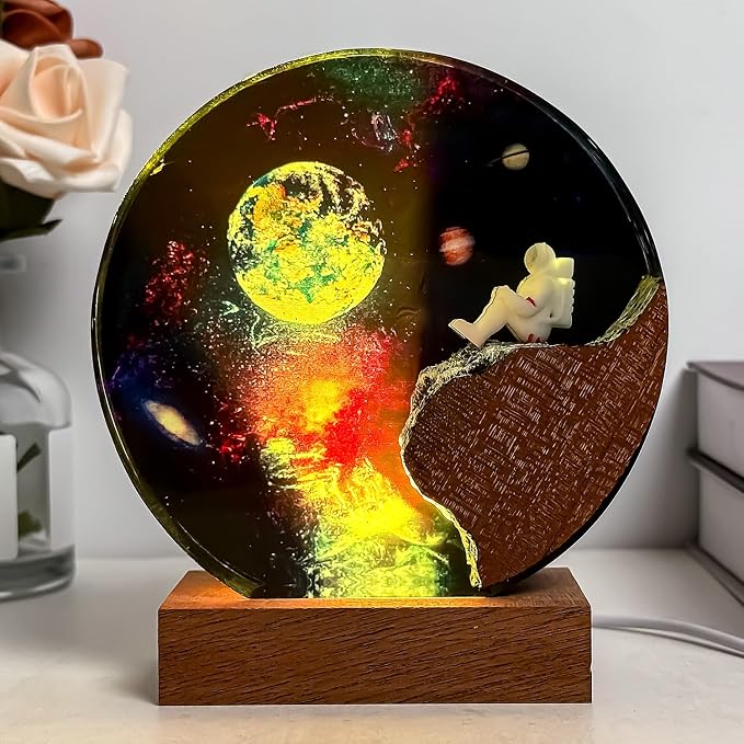 Handmade Galaxy Resin Lamp with Wooden Base