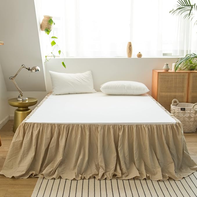 BISELINA French Linen Bed Skirt with Pleated Frills 18-Inch Tailored Drop Natural Flax Cotton Blend Dust Ruffle Soft Cozy Farmhouse Bedding (18" Queen, Ruffle Linen)