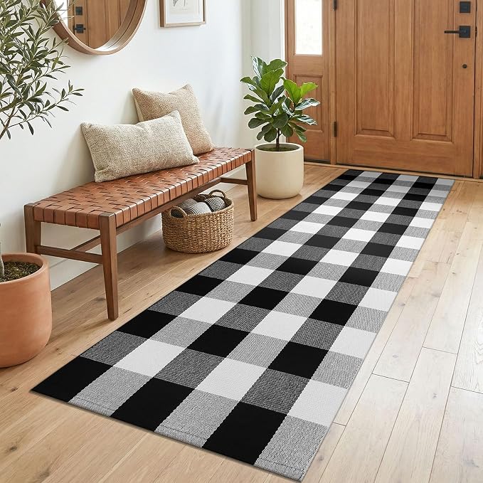 KOZYFLY Buffalo Plaid Rugs 2x6 Ft Runner Rug for Hallway, Black and White | Washable Kitchen Runner Rug, Woven Cotton Entryway Runner, Checkered Carpet Runners for Bedroom Living Room Farmhouse