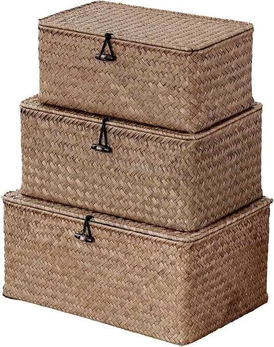 Nonam Wicker Storage Basket with Lid,Seagrass Shelf Basket Set of 3,Coffee | Wicker Basket Container for Organizing, Boho Decorative Basket, Rectangular Household Storage Boxes for Home Organization