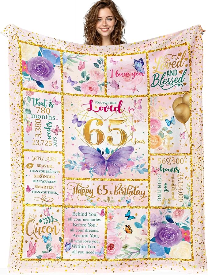 65th Birthday Gifts for Her - 65 Year Old Gifts for Women Mom - 65th Milestone Birthdays Blanket -65th Birthday Blanket for Women - Warm Soft Plush Flannel Throw Blankets (80"x60")