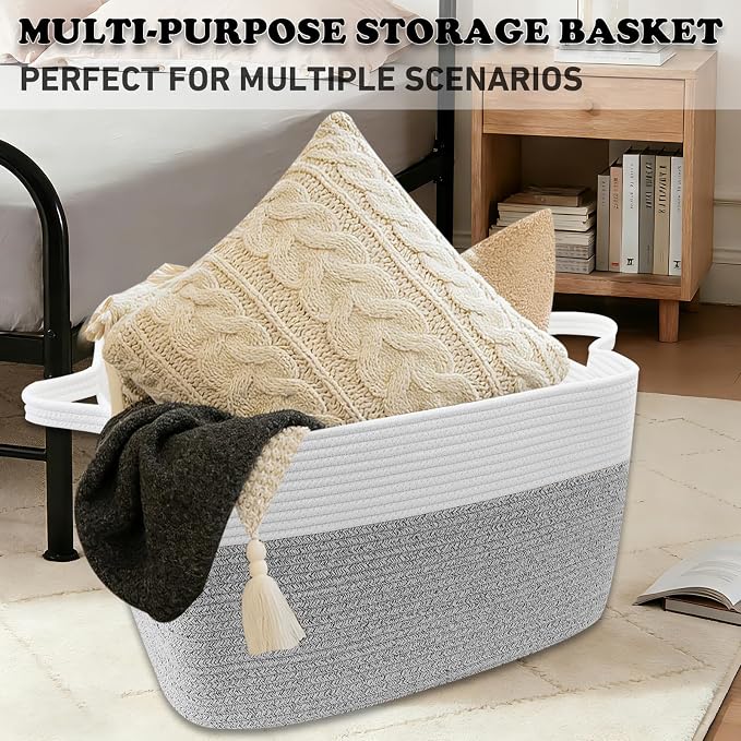 65L Laundry Basket with Handles, Woven Blanket Basket, White/Grey | 21"×16"×12" Collapsible Cotton Rope Storage Basket for Toys Clothes & Pillows, Nursery, Bathroom, Bedroom, Living Room