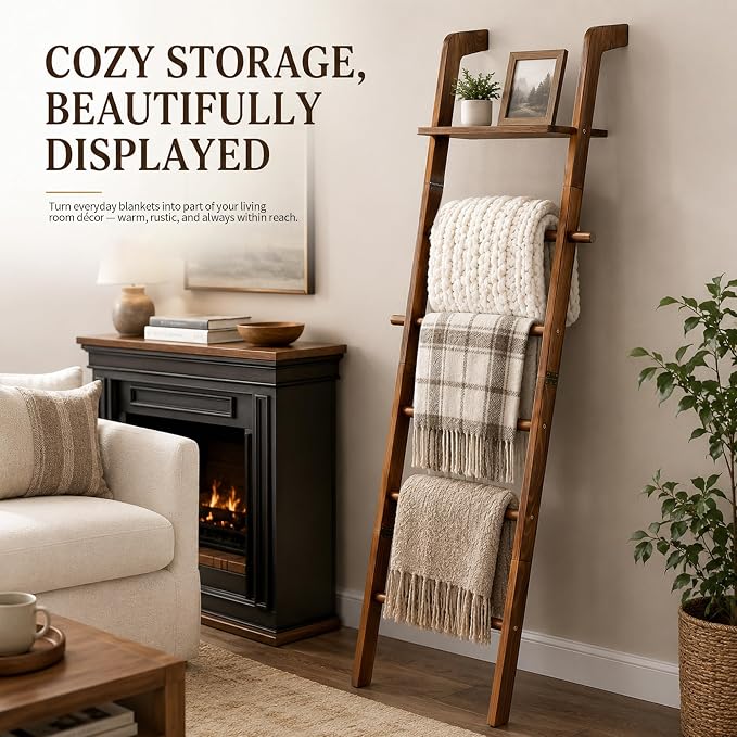 Blanket Ladders for the Living Room, 6 Tier Quilt Ladder with Shelf | Ladder Shelf Rack, Pine Wood, 2 Side Hooks, Non-Slip Stable, Polished Smooth, Retro Brown, Farmhouse Style, Easy to Assemble
