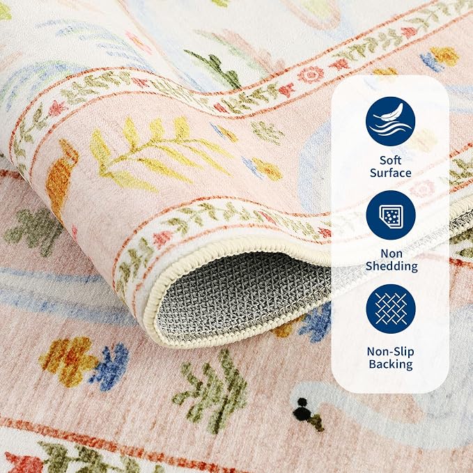 Washable Area Rug 5x7 Blush Animal Print Rugs for Nursery Non Slip Stain Resistant Forest Fairy Tale Throw Carpet Low Pile Whimsical Safari Area Rugs for Entryway Girls Bedroom Dining Room, PeachBlush