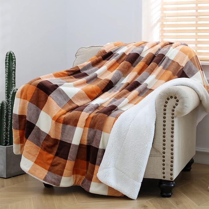 SOCHOW Buffalo Plaid Sherpa Fleece Throw Blanket, 50 x 60 inches, Orange | Fall Double-Sided Checkered Super Soft Luxurious Bedding Blanket
