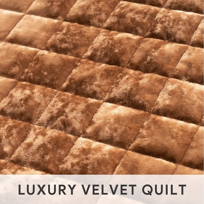 RECYCO Channel Box Stitch Velvet Quilt Set, King Size, Rusty Burnt Orange | Ultra Soft Lightweight Velvet Comforter, Luxury Oversized Bedspread Coverlet, Quilted Bedding Set for All Season with 2 Shams