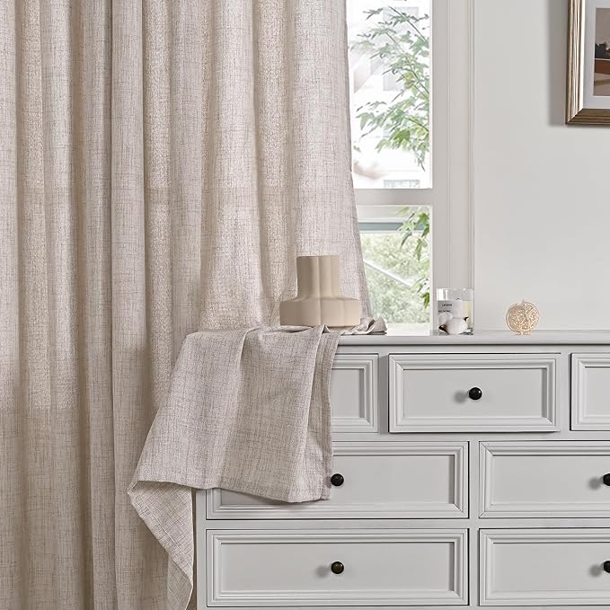 YoungsTex Short Linen Curtains 34x48 Inch Long for Kitchen Window 2 Panels | Light Filtering Semi Sheer Drapes with Bronze Grommet Textured Privacy for Bathroom Windows