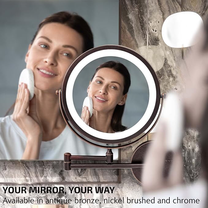 OVENTE 9" Wall Mounted Lighted Makeup Mirror, Antique Bronze MFW85ABZ1X7X | Cordless Double Sided 1X/7X Magnifying Mirror for Bathroom with LED Lights, 360° Rotation, Extendable Arm, Battery Operated