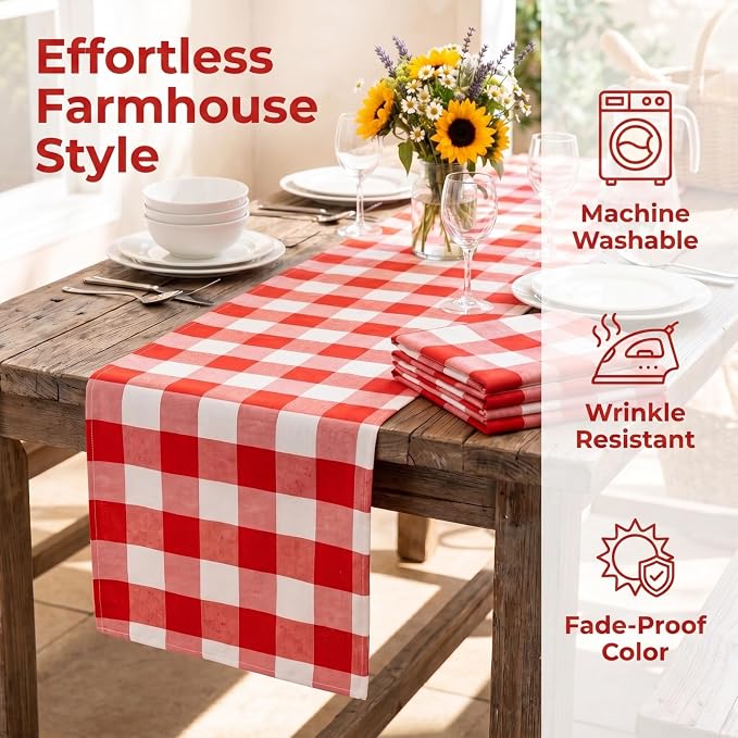 Table Runner 13''x108'' Red and White Gingham Cotton Buffalo Plaid Cover | Red White Checkered, Soft Gingham Fabric, Farmhouse Christmas Thanksgiving Dining Room Picnic Outdoor Decor, Folded Hem Cloth