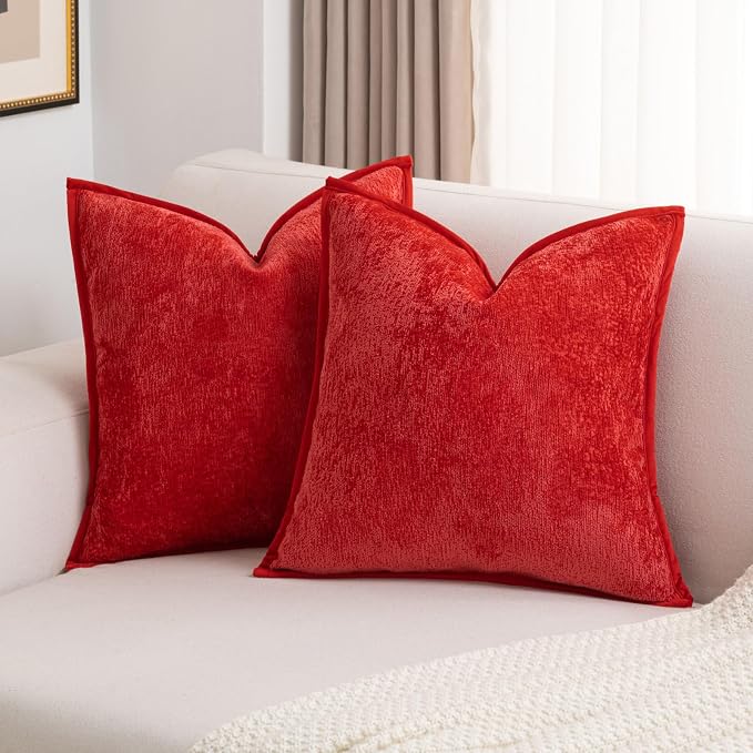 FUTEI Pack of 2 Chenille Soft Throw Pillow Covers 18x18 Inch, Red