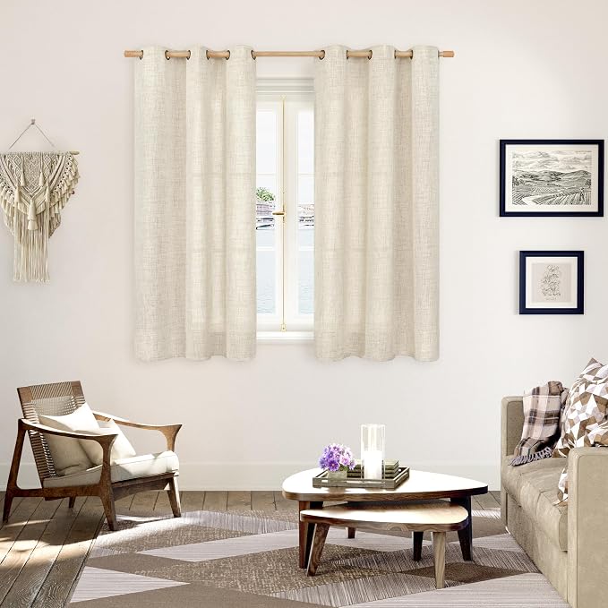 YoungsTex Linen Boho Curtains 54 Inches Length for Living Room Window, Short Semi Sheer Drapes with Bronze Grommet Light Filtering Privacy for Bathroom Bedroom, 42 x 54 Inch, 2 Panels