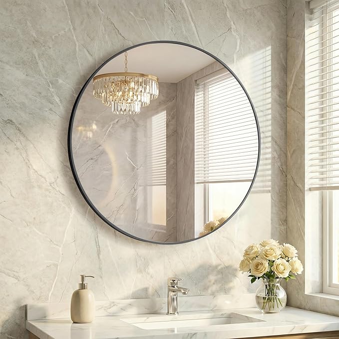 20 Inch Black Round Bathroom Wall Mirror, Round Mirrors for Wall Decor, Circle Mirror for with HD Shatter-Proof Glass for Entryway, Living Room, Bedroom, Dressing Room, Home Decor