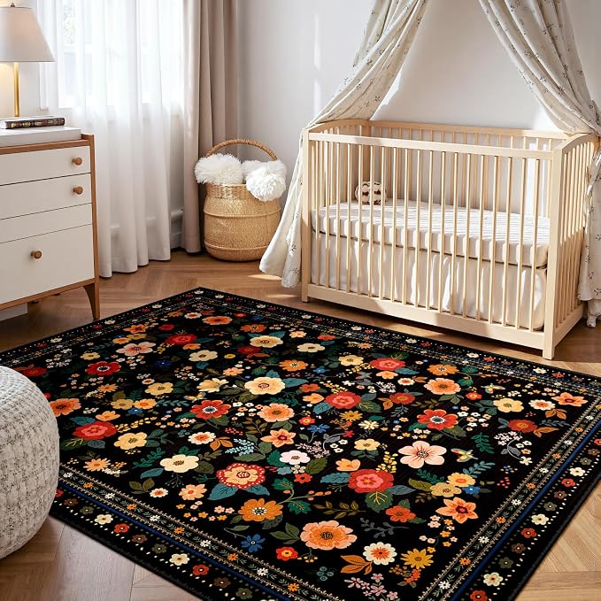 Washable Floral Area Rug for Living Room 6x9 Black | Non-Slip，Vacuum-Friendly, Low Pile, Flower Carpet for Bedroom Kitchen Entryway Dining Room Office Nursery