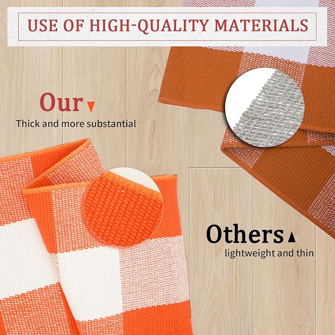 Fall Buffalo Plaid Rug 3x5 Ft, Orange White Indoor Outdoor Rug | Cotton Blend, Orange White Checkered, Machine Washable, Layering Rug, Porch Entryway Decor