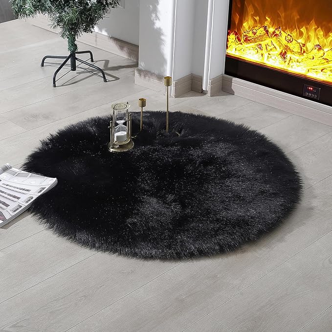 linmopm Faux Fur Sheepskin Rug, Black, 3x3 ft, Round | Shag Fluffy Fuzzy, High-Density Cushion, For Bedroom Bedside Living Room, Plush Carpet, Sofa Cover