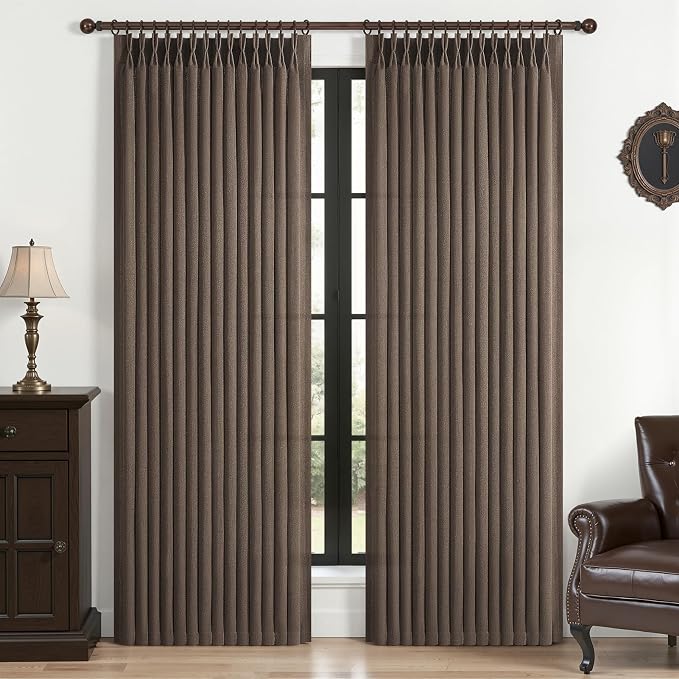 Pinch Pleated Dark Brown Semi Sheer Curtains 84 Inches Long for Living Room, Memory Trained Thick Linen Farmhouse Windows Drapes Light Filtering Privacy Bedroom Curtain 84 Inch Length 2 Panels Set