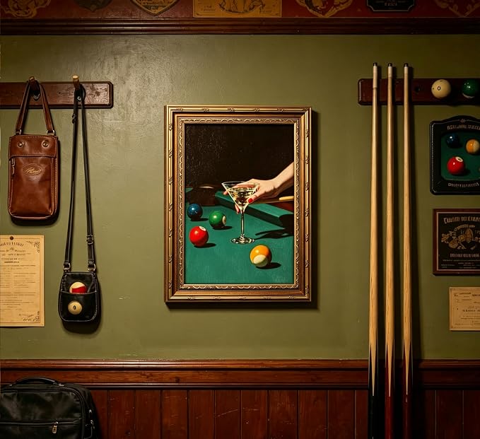 Vintage Gold Framed Bar Wall Art, Retro Dive Bar Martini Pool Oil Painting Canvas Print, Trendy Billiards Cocktail Picture, Lucky 8 Ball Poster Artwork for Tavern Kitchen Dining Room