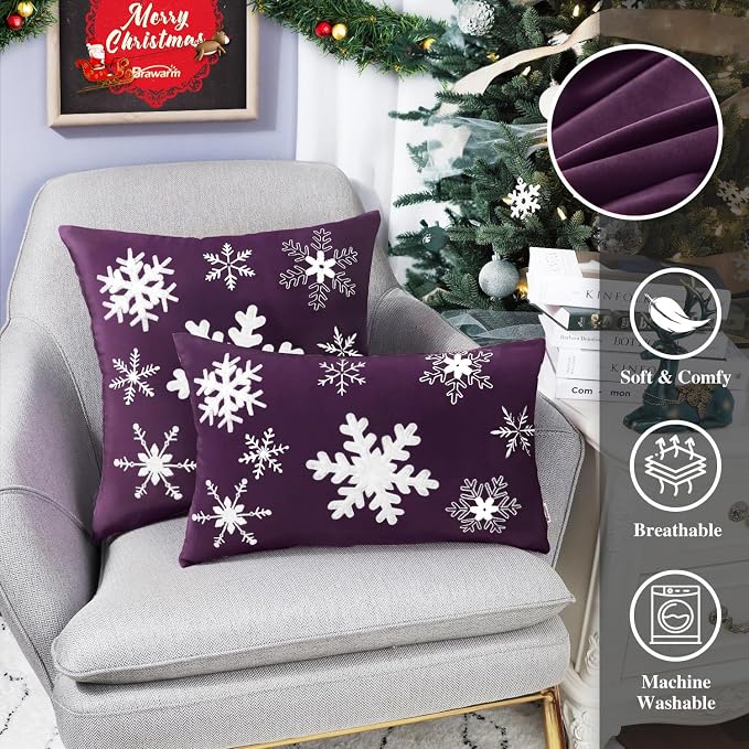 BRAWARM Christmas Pillow Cover 20 X 20 Inches, Purple Snowflake Embroidered Pillow Cover, Soft Velvet Decorative Throw Pillow for Couch Bed Sofa Living Room Home