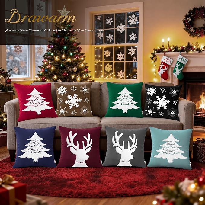 BRAWARM Christmas Pillow Cover 18 X 18 Inches, Brown Christmas Tree Embroidered Pillow Cover, Soft Velvet Decorative Throw Pillow for Couch Bed Sofa Living Room Home
