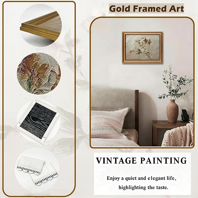 Vintage Gold Framed 3D Textured Wall Art Rustic Wildflower Wall Decor Picture Neutral Floral Botanical Poster Print for Gallery Living Room Bedroom Home Decoration 9x11in