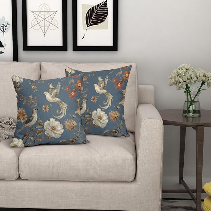 Kawani Vintage Floral Pillow Covers 18x18 Inch Set of 2 Blue Chinoiserie Flower and Bird Outdoor Decorative Throw Pillows Retro Rustic Pillowcases Farmhouse Cushion Covers for Couch Home Decor