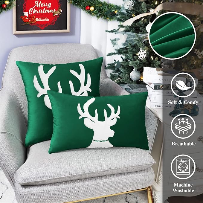 BRAWARM Christmas Pillow Cover 18 X 18 Inches, Christmas Green Reindeer Embroidered Pillow Cover, Soft Velvet Decorative Throw Pillow for Couch Bed Sofa Living Room Home