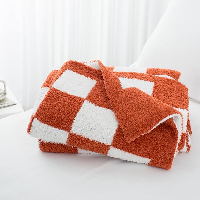 Carriediosa Checkered Throw Blanket 90x90, 400GSM Ultra Soft Microfiber | Rust, Queen, Fuzzy Fluffy Cozy Plush Knitted Plaid Checker, Lightweight Cute Preppy Fall Blankets & Throws for Couch, Bed