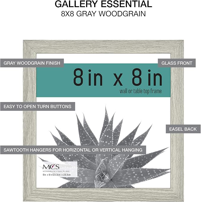 MCS Gallery Essential Picture Frame Set 8x8 Gray Woodgrain, Square Wall Hanging Picture Frames for Photos & Art Prints (2-Pack)