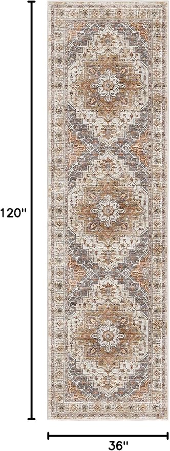 Madane Hallway Runner Rug 3x10 Washable Kitchen Runners 10ft, Turmeric/Grey | Vintage Non-Slip Entryway Area Rugs Indoor, Soft Low-Pile Farmhouse Wide Floor Carpet for Bathroom Living Room Bedroom Foyer