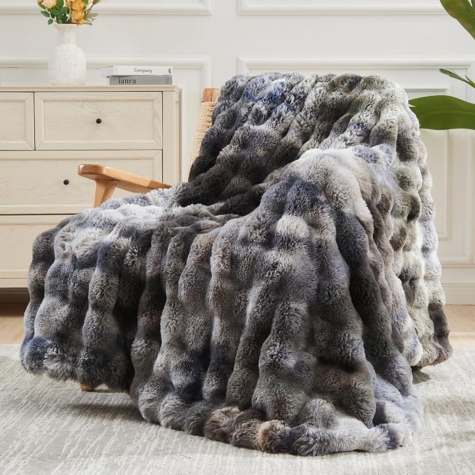 NEWCOSPLAY Faux Fur Bubble Throw Blanket for Couch, Tie-Dye Grey, 50"x60" | Fluffy Soft Thick Warm Bubble Blanket for Couch Sofa Bed 700GSM, Plush Cozy Luxury Decorative Throw, Gift for Women Men