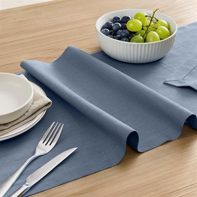 100% Natural Cotton Linen Table Runner, 14x36in Dusty Blue | 75% Linen 25% Cotton, Soft Breathable, Mitered Stitched Corner, Textured Farmhouse Table Runner, Rustic Home Kitchen Decor