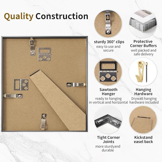 Fun Memories 8x8 Aluminum Picture Frame, Premium Square Photo Frames with Mat for 4x4 or Without Mat for 8 x 8, Simple and Elegant Decor for Wall Mounting, Grey, 1 Pack