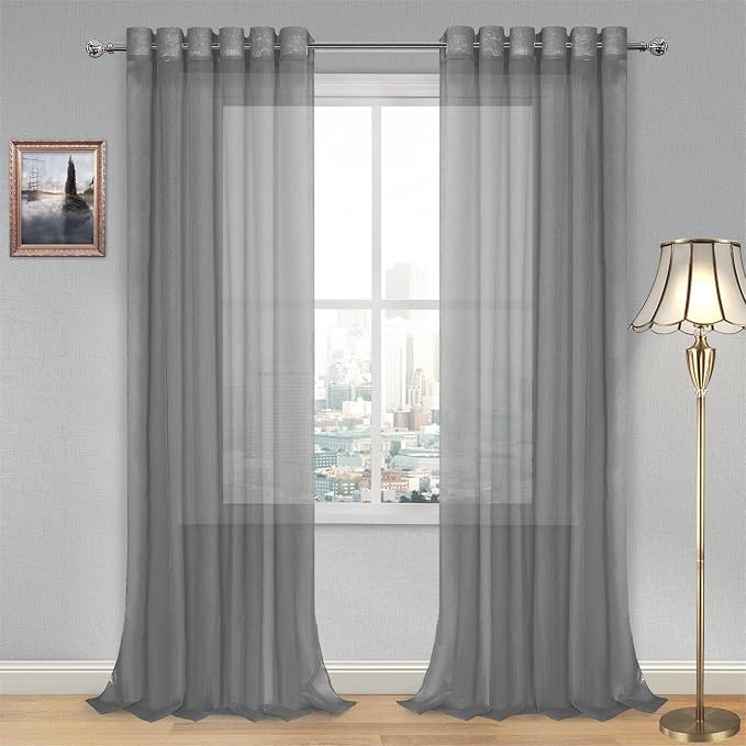 DWCN Grey Semi Sheer Curtains, Grommet Top Window Drapes for Bedroom & Living Room, Faux Linen Look Voile Transparent Solid Curtains Set of 2 Panels 70 x 95 Inches Long