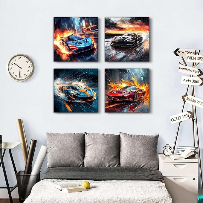 Racing Art Prints Boys Bedroom Cool Car Posters Super Car Painting for Living Room Enthusiast Gift for Men Man Cave Home Decoration Game Room Lamborghini McLaren Ferrari Bugatti Wall Decor 20x20" 4Pcs