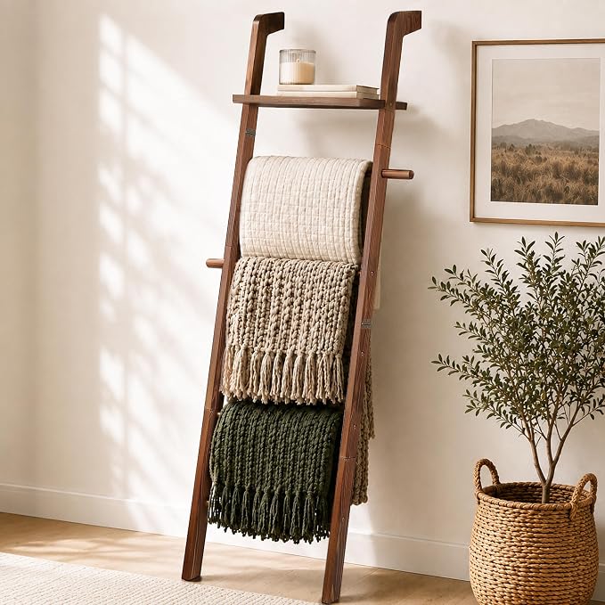 Blanket Ladders for the Living Room, 6 Tier Quilt Ladder with Shelf | Ladder Shelf Rack, Pine Wood, 2 Side Hooks, Non-Slip Stable, Polished Smooth, Retro Brown, Farmhouse Style, Easy to Assemble